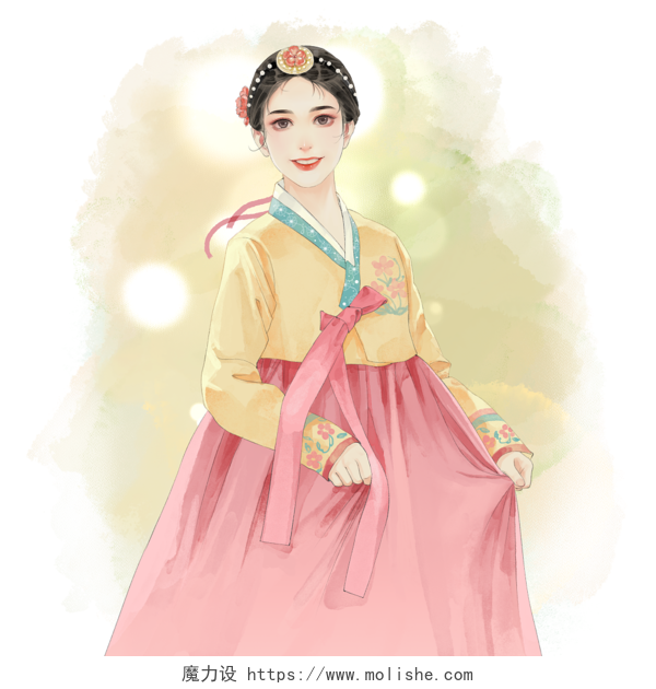 水彩写实少数民族女孩少女朝鲜族人物插画唯美